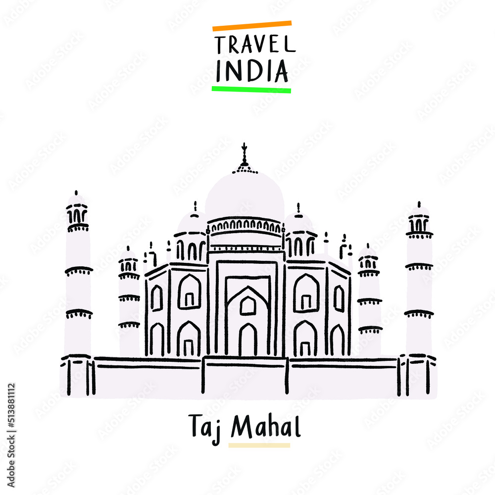 Taj Mahal Agra India landmark Hand drawn color illustration