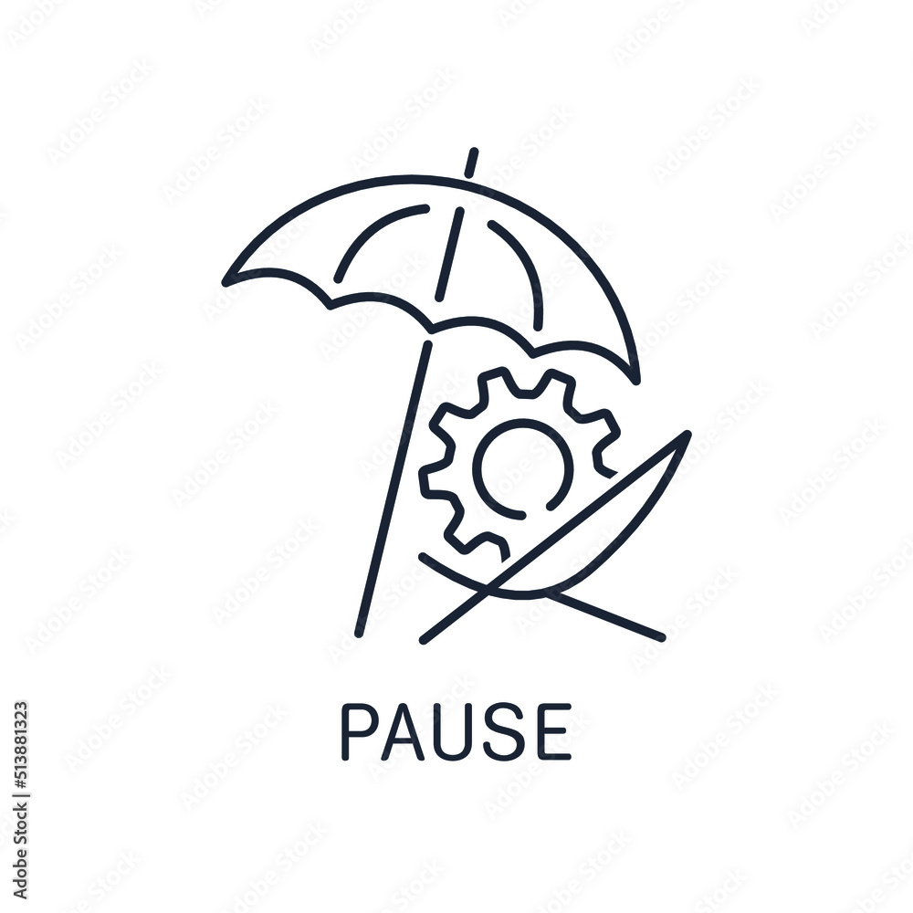 Gear in a beach chair under an umbrella. Technical break, pause. Vector linear icon isolated on white background. Gear in a beach chair under an umbrella. Technical break, pause. Vector linear icon isolated on white background.