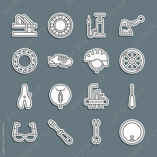 Set line Bicycle wheel, Screwdriver, air pump, shoes, tire, parking and helmet icon. Vector