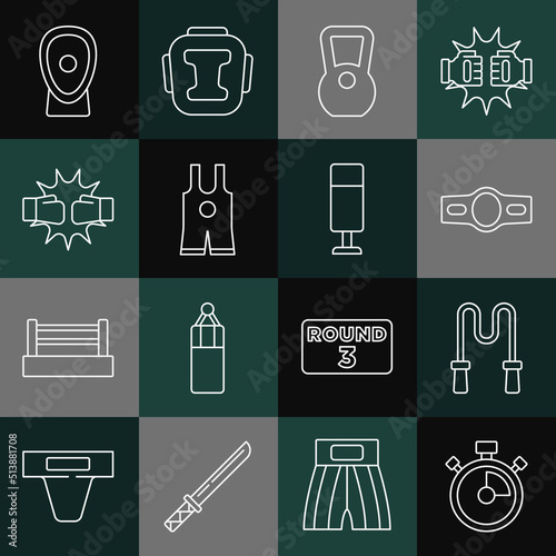 Set line Stopwatch, Jump rope, Boxing belt, Kettlebell, Wrestling singlet, Punch boxing gloves, training paws and Punching bag icon. Vector