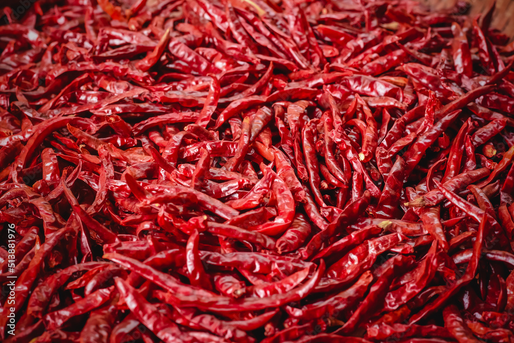 Dried hot chillis background. Close up of dried red chili.
