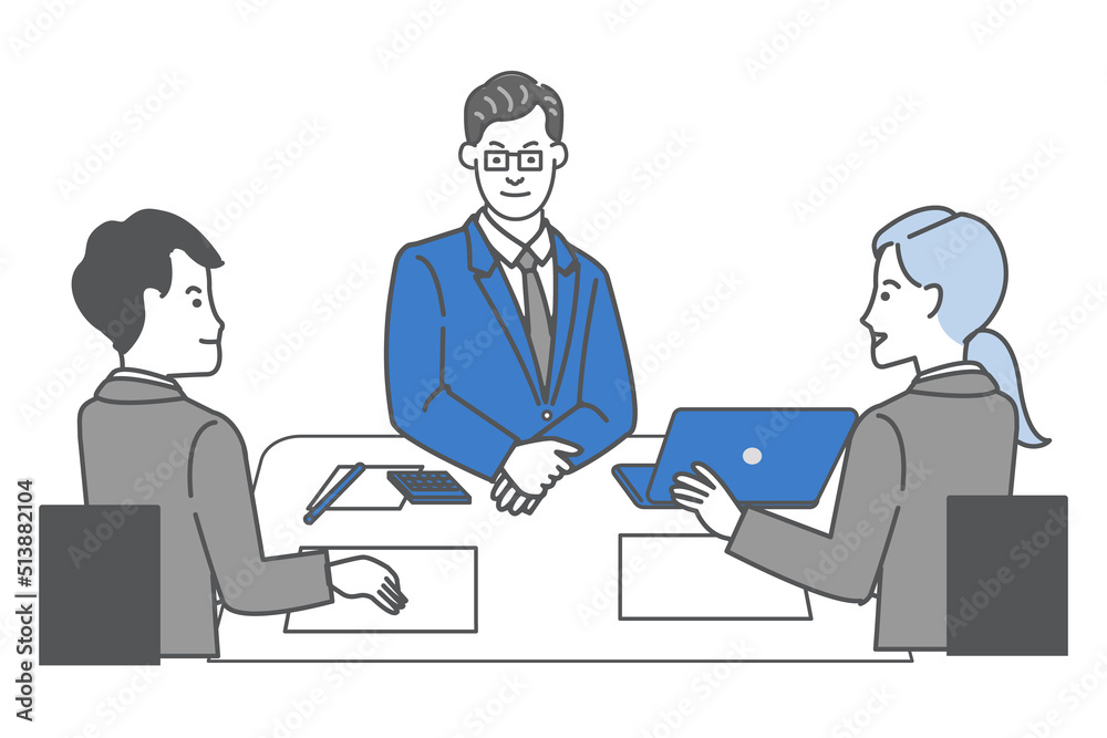 メガネをかけ仕事机に座る教授風の男性と男女の営業マンの線画ベクターイラスト