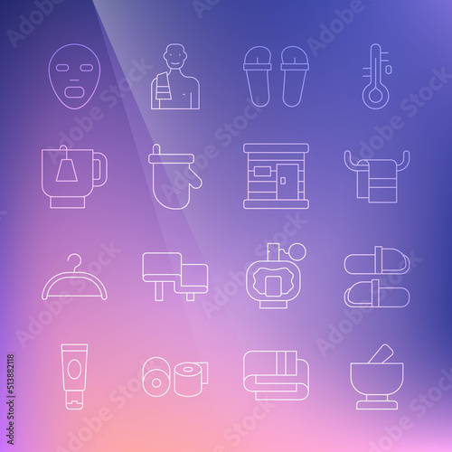 Set line Mortar and pestle, Sauna slippers, Towel on hanger, Flip flops, mittens, Cup of tea with tea bag, Facial cosmetic mask and wooden bathhouse icon. Vector