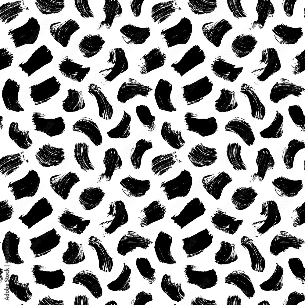 Brush grunge scribble strokes seamless pattern. Abstract vector monochrome background. Geometric wrapping paper, textile ornament. Hand drawn messy and chaotic black brush strokes. Small smears.