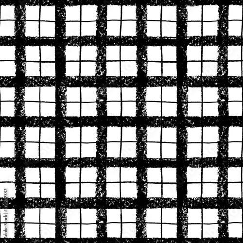 Checkered hand drawn seamless pattern. Bold and thin charcoal lines. Black and white plaid texture. Vector geometric background with vertical and horizontal texture stripes. Vintage striped pattern 