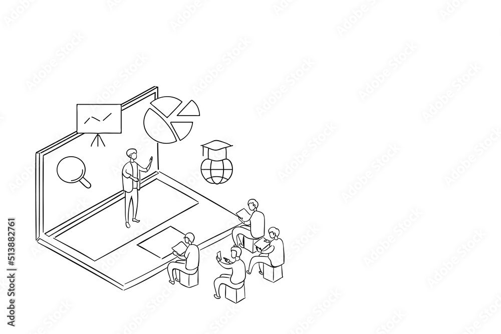 Hand drawn of online teacher tutoring student via video training webinar. E-learning vector concept. Hand drawn of online teacher tutoring student via video training webinar. E-learning vector concept.