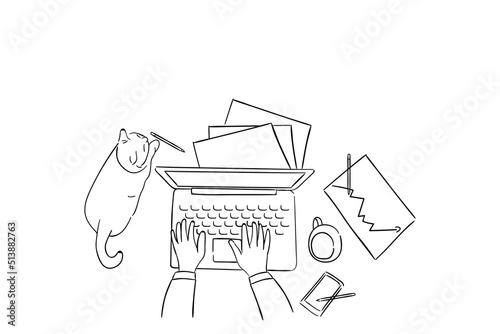 Hand drawn of work from home concept. Cozy workspace working with cat flat sketch illustration design.