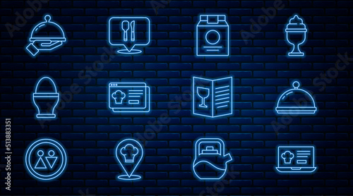 Set line Online ordering and delivery, Covered with tray, Chicken egg on stand, of food, Restaurant cafe menu and Cafe restaurant location icon. Vector