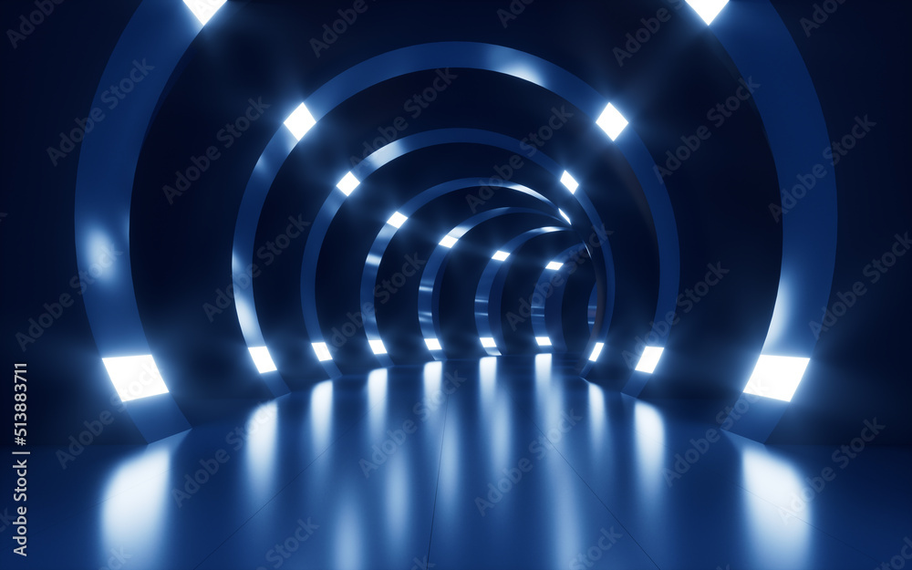 Fototapeta premium Neon lights and tunnels for turning, 3d rendering.