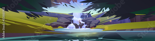 Waterfall cascade in forest cartoon landscape. Panoramic background with river stream flowing from rocks to creek or lake under tree branches. Water jet in park or garden Vector illustration