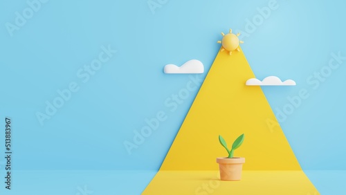 Pot Plant or Seedlings growing with sunligh.Nature, ecology and growth concept. Abstract minimal scene with copy space.3D Rendering Illustration.