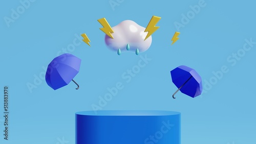 Monsoon season offer and sale banner. Podium, umbrella,cloud and thunder.3D render illustration.
