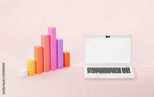 Obraz na płótnie Laptop and bar graph with pink background, 3d rendering.
