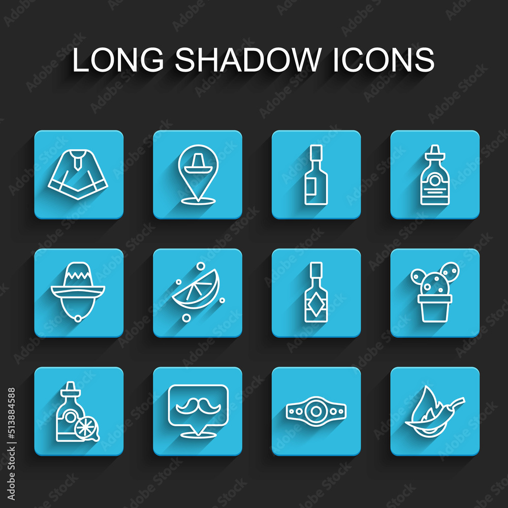 Set line Tequila bottle with lemon, Mustache, Poncho, Wrestling championship belt, Hot chili pepper pod, Sliced lime, Cactus or succulent pot and Tabasco sauce icon. Vector Set line Tequila bottle with lemon, Mustache, Poncho, Wrestling championship belt, Hot chili pepper pod, Sliced lime, Cactus or succulent pot and Tabasco sauce icon. Vector