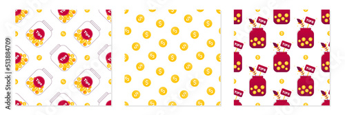 Set, collection of three vector seamless pattern backgrounds with tips jars and golden coins for money, business design.
