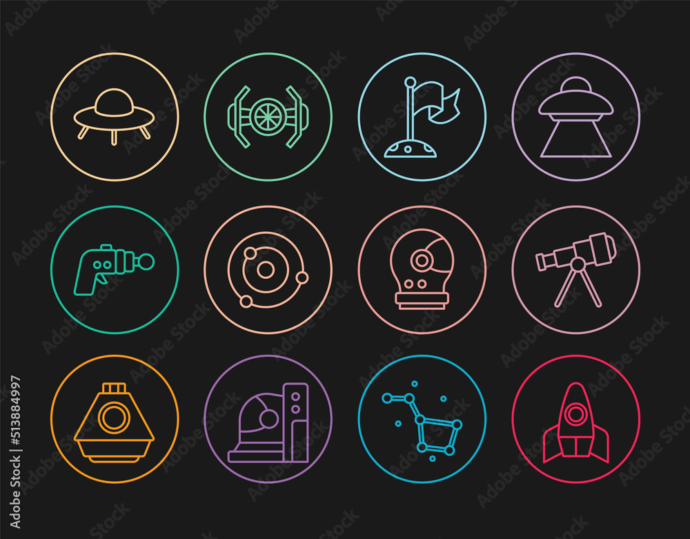 Set line Rocket ship, Telescope, Moon with flag, Solar system, Ray gun, UFO flying spaceship, Astronaut helmet and Cosmic icon. Vector Set line Rocket ship, Telescope, Moon with flag, Solar system, Ray gun, UFO flying spaceship, Astronaut helmet and Cosmic icon. Vector