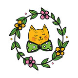 Vector doodle style illustration with pretty ginger cat in bow and round floral frame for spring, summer design.
