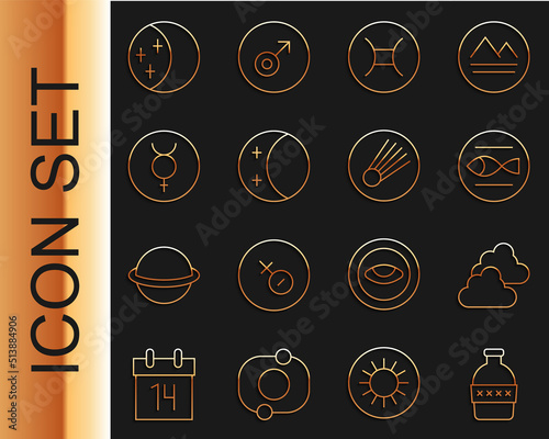 Set line Bottle of water, Cloudy weather, Pisces zodiac, Gemini, Eclipse sun, Symbol Mercury, and Comet icon. Vector