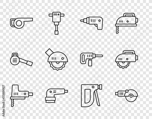 Set line Electric jigsaw, Angle grinder, cordless screwdriver, sander, Leaf garden blower, circular, Construction stapler and icon. Vector
