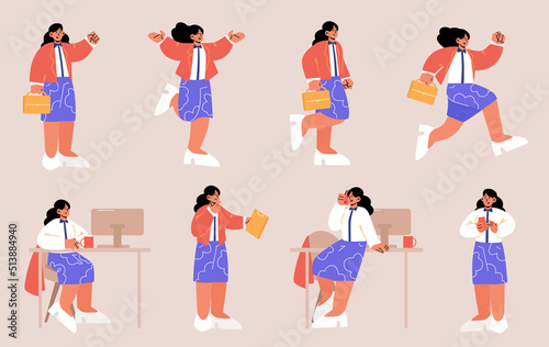 Woman worker poses set. Businesswoman with bag and phone in office. Vector flat illustrations of girl employee busy at workplace, run, greeting and thinking isolated on background