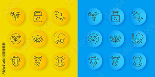 Set line Cow head, Sprout, Leaf, Leather, No chicken leg, Carrot, Fish and Shopping bag with recycle icon. Vector