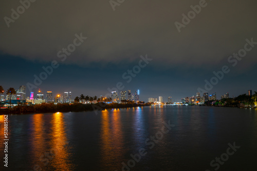 Miami city. Miami skyline panorama at dusk with skyscrapers over sea. Night downtown sanset. © Volodymyr
