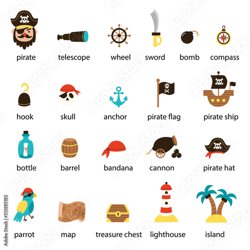 Set of cartoon pirate elements with names.