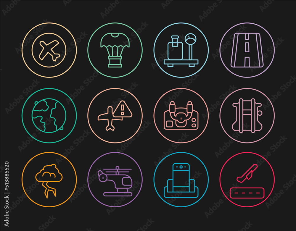 Set line Plane takeoff, Parachute, Scale with suitcase, Warning aircraft, Worldwide, Aircraft steering helm and Box flying on parachute icon. Vector