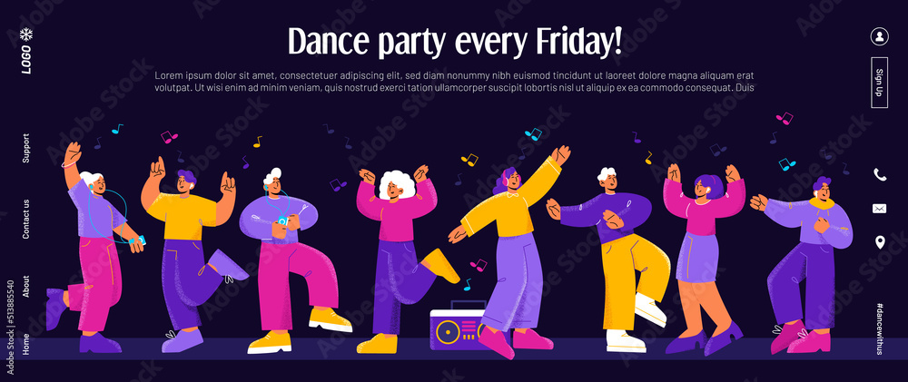 Dance party banner with group of happy people and music from boombox and players. Vector night mode of landing page with flat illustration of excited girls and men dancers Dance party banner with group of happy people and music from boombox and players. Vector night mode of landing page with flat illustration of excited girls and men dancers
