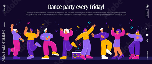 Dance party banner with group of happy people and music from boombox and players. Vector night mode of landing page with flat illustration of excited girls and men dancers