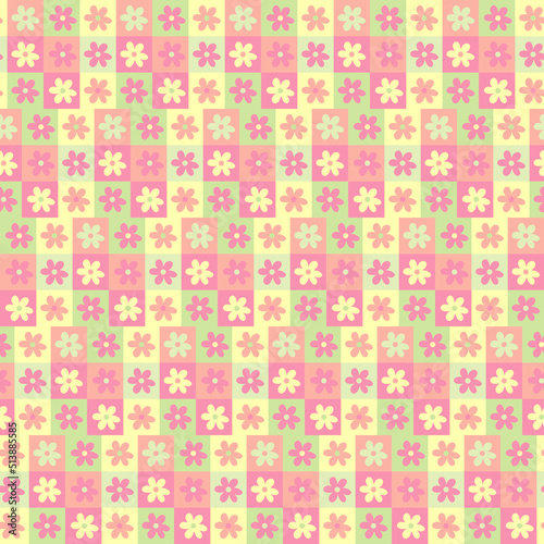 Cute y2k patchwork floral seamless pattern background. Danish Pastel checkerboard backdrop. Modern, trendy, bright vector design for textile, print, wallpaper.