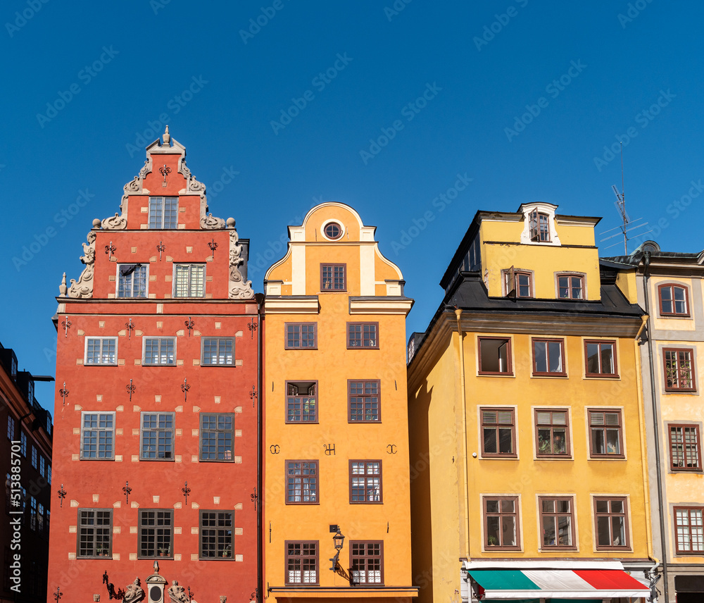 Stockholm, Sweden. Colorful houses of old town Gamla Stan close-up.