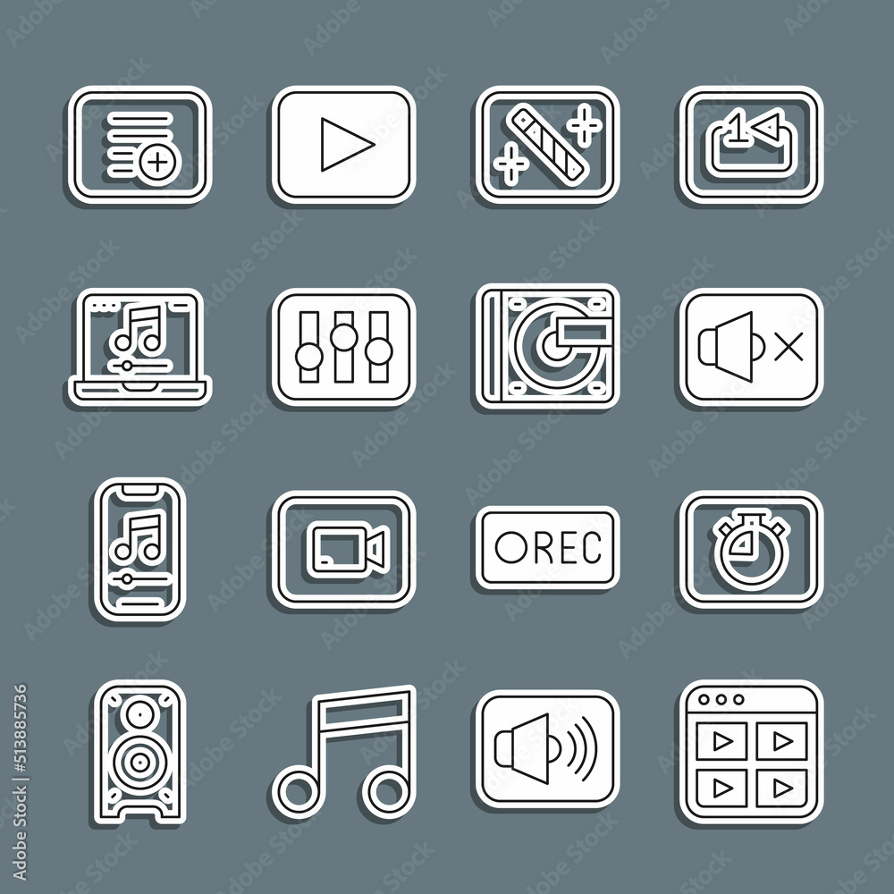 Set line Music playlist, Stopwatch, Speaker mute, Photo retouching, Sound mixer controller, Laptop with music, Add and Vinyl player vinyl disk icon. Vector Set line Music playlist, Stopwatch, Speaker mute, Photo retouching, Sound mixer controller, Laptop with music, Add and Vinyl player vinyl disk icon. Vector
