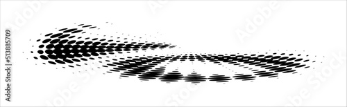 Artfully twisted elongated dotted or polka dot fan. Halftone dotted line. Vector.