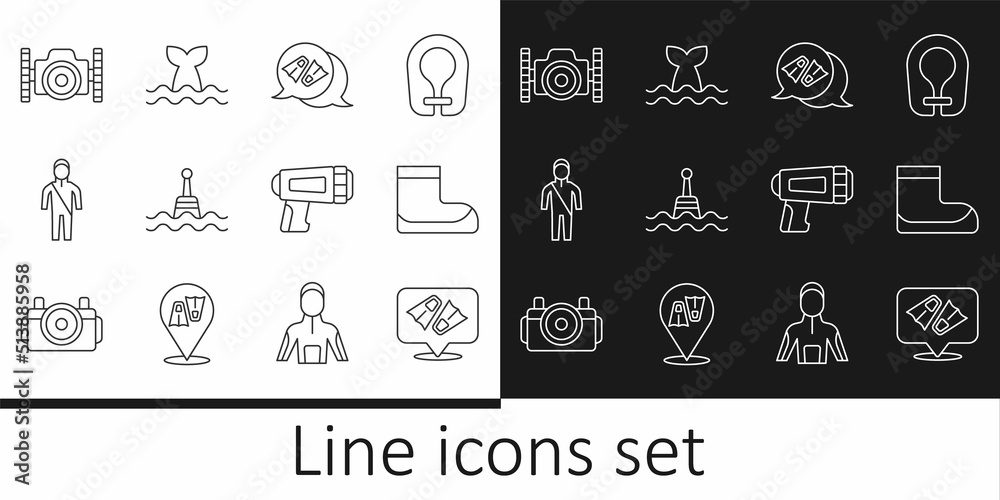 Set line Flippers for swimming, Boots, Floating buoy, Wetsuit scuba diving, Photo camera diver, Flashlight and Whale tail icon. Vector Set line Flippers for swimming, Boots, Floating buoy, Wetsuit scuba diving, Photo camera diver, Flashlight and Whale tail icon. Vector