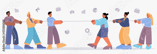 Gender team rivalry  men tug of war with women. Male and female business characters wrestling. Concept of feminism and patriarchy office fight battle for leadership  Line art flat vector illustration