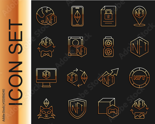 Set line NFT Digital crypto art, Document and lock, and Video graphic card icon. Vector