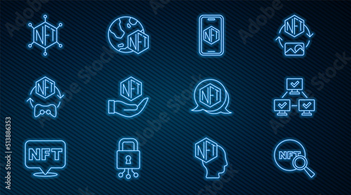 Set line Search NFT, blockchain technology, Mobile with art store app, Digital crypto, and icon. Vector