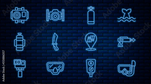 Set line Diving mask with snorkel, Fishing harpoon, Aqualung, knife, Photo camera for diver, Flippers swimming and icon. Vector