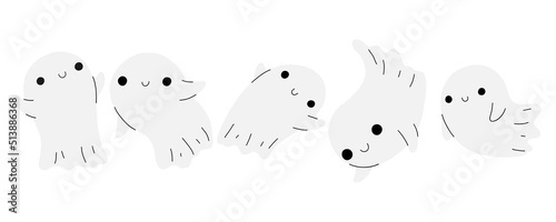 Little ghost. Halloween ghost in cute kawaii style. Halloween funny smiling spirit ghosts set on white background. trick or treat vector cartoon image.