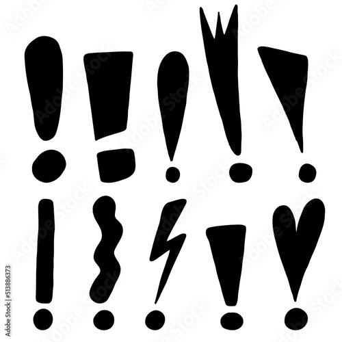 Exclamation mark in doodle style. Hand drawn exclamation mark. Punctuation sign. Warning, attention. Vector black check mark illustration on a white background.