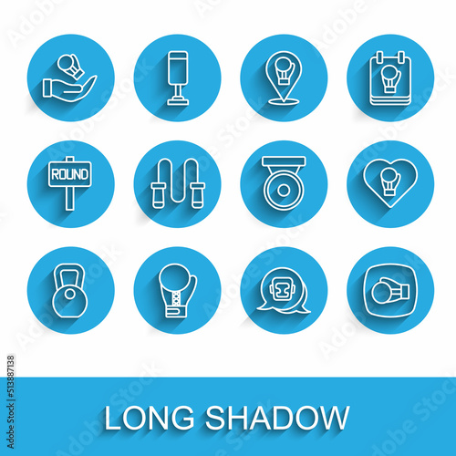 Set line Weight, Boxing glove, helmet, Jump rope, and gong icon. Vector