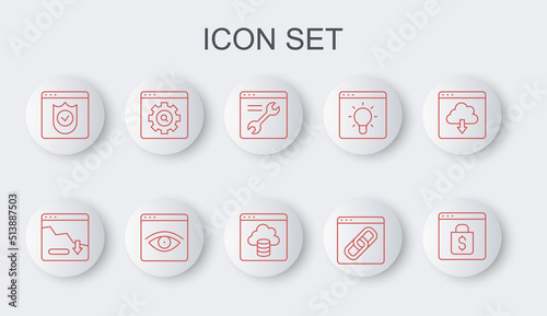 Set line Online shopping on screen, Financial growth decrease, Browser setting, window, with shield, incognito and Cloud technology data transfer icon. Vector
