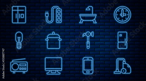 Set line Vacuum cleaner, Refrigerator, Bathtub, Cooking pot, Light bulb, Hammer and Electric extension icon. Vector
