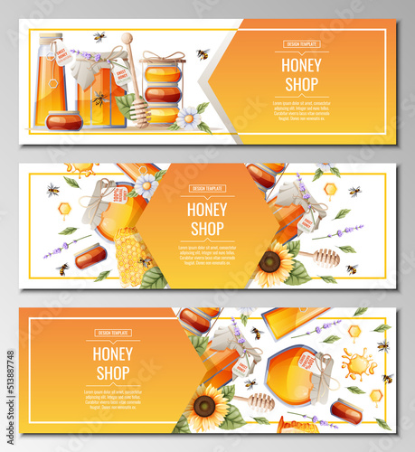 Set of banner templates with honey products. Honey shop.Illustration of a jar of honey, honeycombs, bees, flowers. Design for label, flyer, poster, advertising.