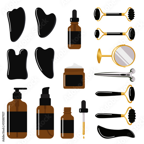 Big set of different gua sha stones and rollers are made of obsidian. Facial gua sha massage tools. Cosmetic set. Home beauty routine. Hand drawn vector illustration isolated on white background.