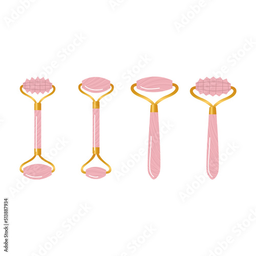 Big set of different gua sha stones and rollers are made of quartz. Facial gua sha massage tools. Chinese skin care. Home beauty routine. Hand drawn vector illustration isolated on white background.
