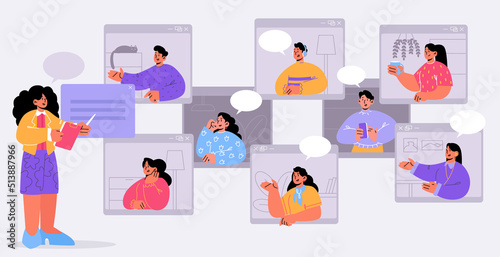 Online education, webinar, teacher and students lesson via video conference internet connection. Female tutor conduct class on device screen, distant school training, Line art flat vector illustration