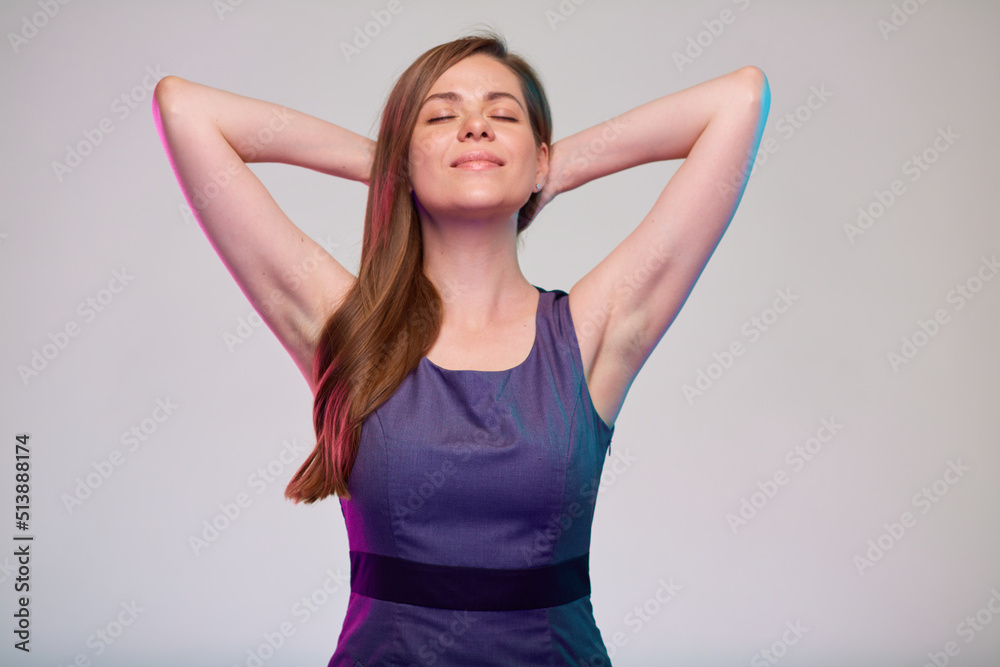 Resting woman closed eyes with arms behind her neck isolated portrait. Resting woman closed eyes with arms behind her neck isolated portrait.