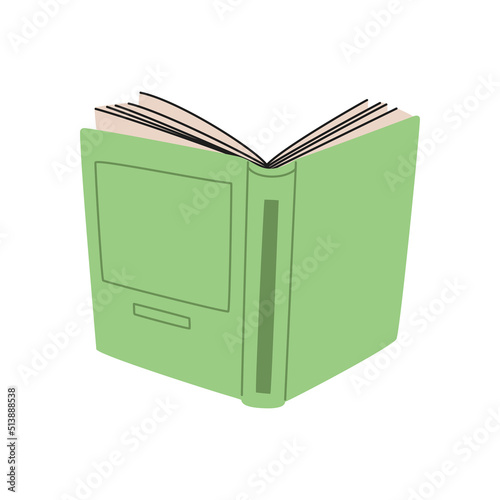Open book with green hardcover. Reading and education concept. Hand drawn vector illustration isolated on white background. Modern flat cartoon style.
